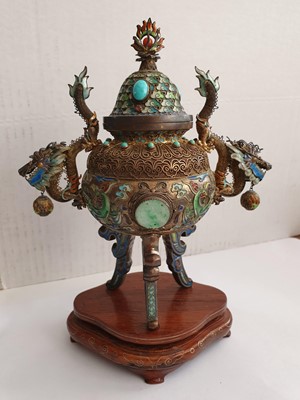 Lot 41 - A CHINESE WHITE METAL ENAMELLED INCENSE BURNER AND COVER.