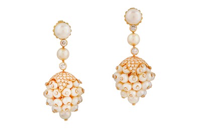Lot 127 - A pair of cultured pearl and diamond pendent earrings