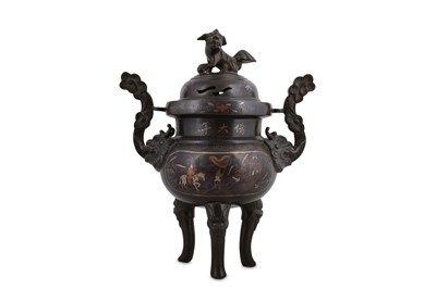 Lot 254 - A VIETNAMESE SILVER AND COPPER-INLAID BRONZE INCENSE BURNER AND COVER.
