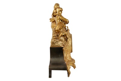 Lot 193 - A MID 19TH CENTURY FRENCH GILT BRONZE AND BLUE PORCELAIN FIGURAL MANTEL CLOCK