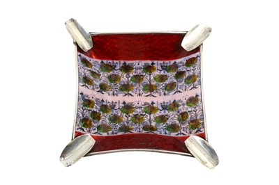 Lot 363 - A late 20th century Spanish enameled copper ashtray with silver mounts