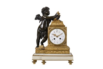 Lot 201 - A LATE 19TH CENTURY FRENCH GILT AND PATINATED BRONZE FIGURAL MANTLE CLOCK DEPICTING CUPID