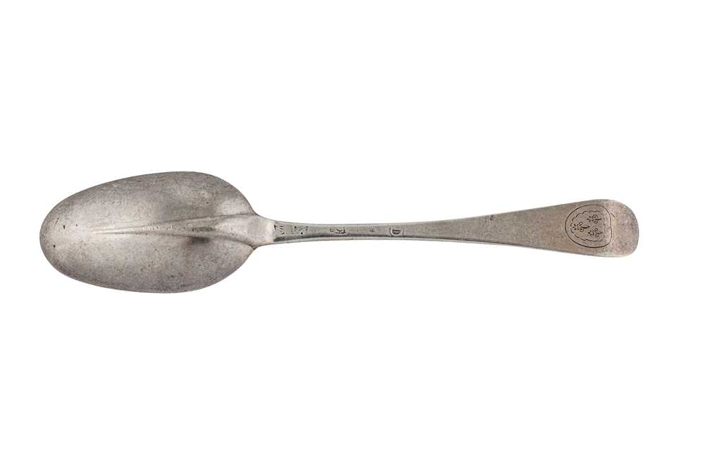 Lot 253 - A George I Britannia standard silver dessert spoon, London 1719, makers mark partially struck twice S? or ?S