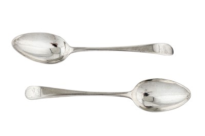 Lot 231 - A pair of George III provincial sterling silver tablespoons, Exeter 1784 (No Duty mark) by Thomas Eustace (active c. 1773-94)