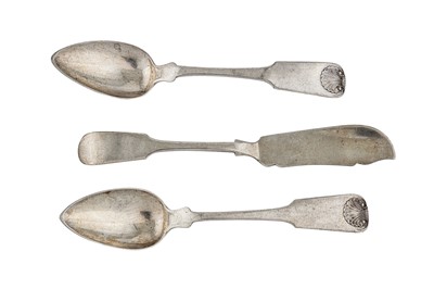 Lot 226 - A pair of mid-19th American coin silver dessert spoons, New York, circa 1850 by Fredrick Marquand (1799-1882)