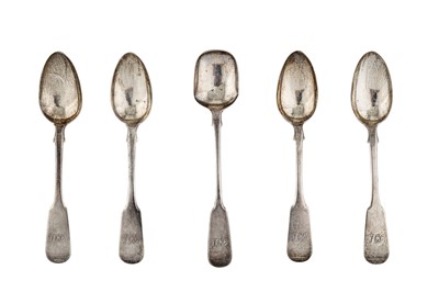 Lot 237 - A set of four Victorian Scottish provincial sterling silver teaspoons and sugar shovel, Aberdeen 1855 by George Sangaster