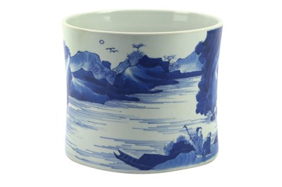 Lot 328 - A Chinese blue and white ‘landscape’ brush pot