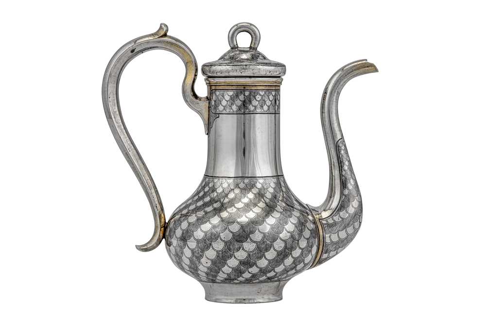 Lot 51 - An Alexander II Russian 84 Zolotnik (875 standard) parcel gilt silver and niello bachelor coffee pot, Moscow 1867 by Alexey Osipov (active 1863-68)