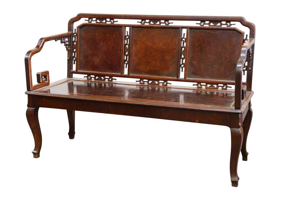 Lot 169 - A CHINESE BURL-INSET BENCH.