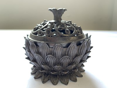 Lot 120 - A CHINESE BRONZE 'LOTUS' INCENSE BURNER AND COVER.