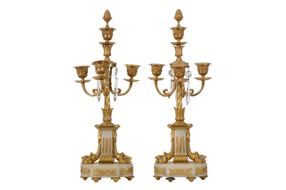 Lot 112 - A PAIR OF LATE 19TH CENTURY FRENCH GILT BRONZE AND ALGERIAN ONYX CANDELABRA