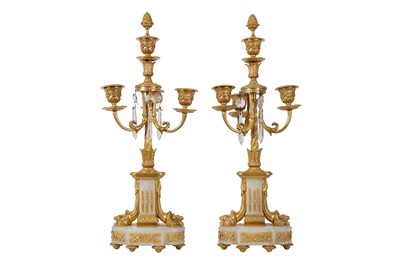 Lot 77 - A PAIR OF LATE 19TH CENTURY FRENCH GILT BRONZE AND ALGERIAN ONYX MANTEL CANDELABRA IN THE MANNER OF RAINGO FRERES OF PARIS