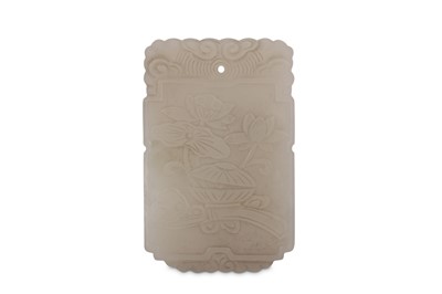 Lot 649 - A CHINESE WHITE JADE 'LOTUS' PLAQUE.