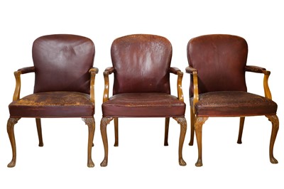 Lot 470 - A set of seven circa 1930's George I style walnut library open armchairs