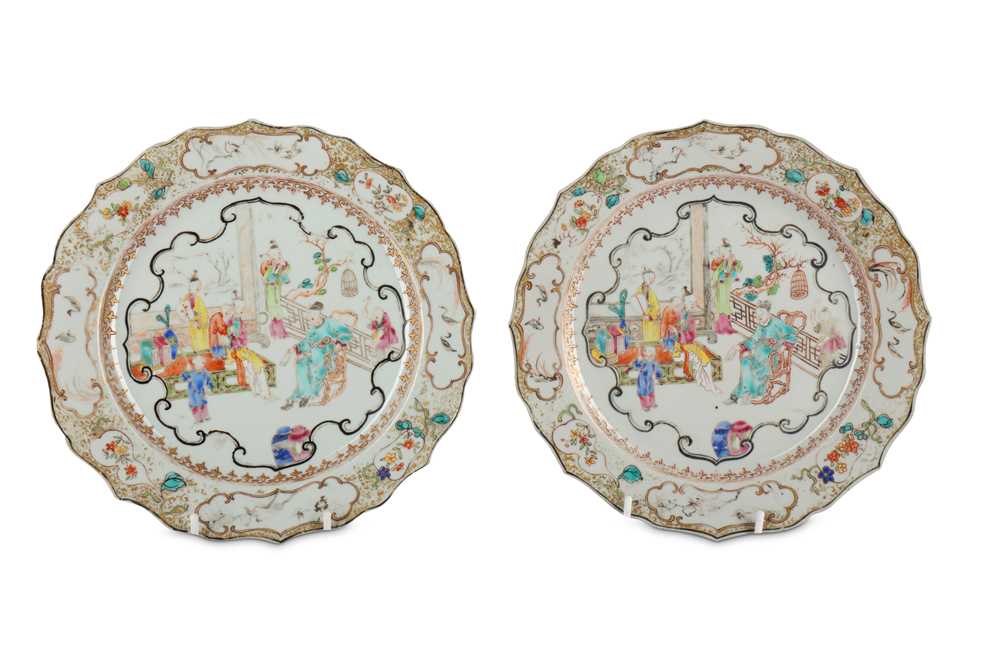 Lot 375 - A PAIR OF CHINESE ROCKEFELLER PATTERN DISHES.