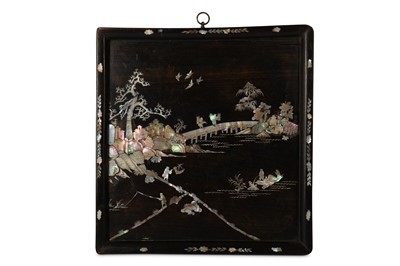 Lot 919 - A CHINESE WOOD MOTHER OF PEARL-INLAID PANEL.
