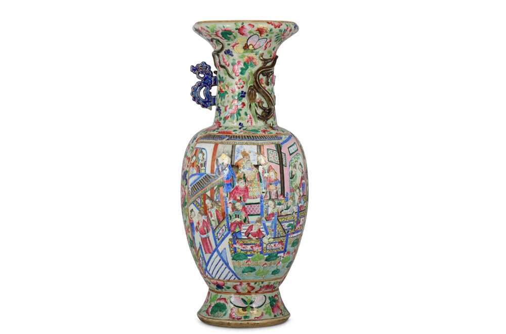 Lot 386 - A LARGE CHINESE CANTON FAMILLE ROSE FIGURATIVE VASE.