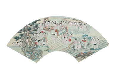 Lot 365 - A CHINESE FAN LEAF PAINTING OF IMMORTAL LADIES.