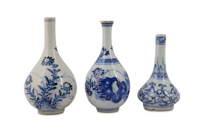 Lot 490 - THREE CHINESE BLUE AND WHITE MINIATURE VASES.