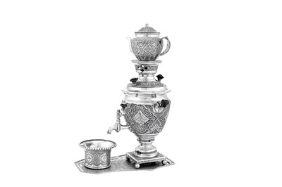 Lot 92 - A mid to late-20th century Iranian (Persian) 840 standard silver samovar set on stand, Isfahan 1969-79, retailers mark of Jouz Dane