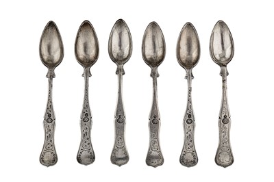 Lot 114 - A set of six late 19th / early 20th century Ottoman Turkish 900 standard silver coffee spoons, Tughra of Sultan Abdul Hamid II (1876-1909)
