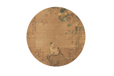 Lot 105 - A CHINESE CIRCULAR 'CAT AND SQUIRREL' FAN PAINTING.
