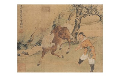 Lot 108 - A CHINESE 'HORSE AND GROOM' PAINTING.