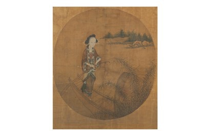 Lot 110 - A CHINESE OVAL PAINTING OF A LADY ON A SAMPAN.
