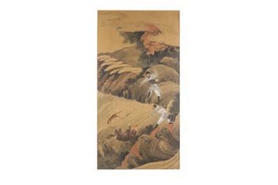 Lot 597 - A CHINESE PAINTING OF HUNTERS IN A LANDSCAPE.