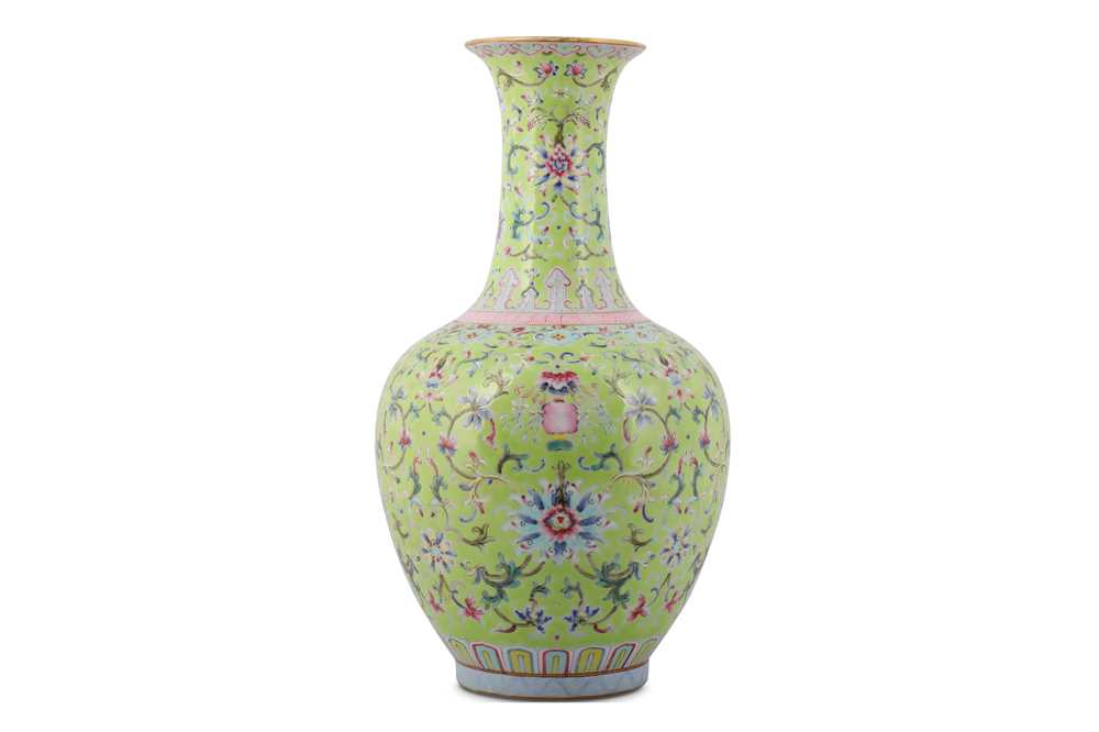 Lot 14 - A CHINESE FAMILLE ROSE LIME GREEN-GROUND 'LOTUS' VASE.