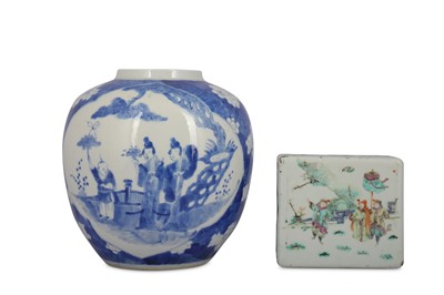 Lot 841 - A CHINESE BLUE AND WHITE JAR AND A FAMILLE ROSE PILLOW.