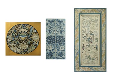 Lot 463 - THREE CHINESE EMBROIDERED PANELS.
