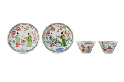 Lot 474 - A PAIR OF CHINESE FAMILLE ROSE 'LOVERS' CUPS AND SAUCERS.
