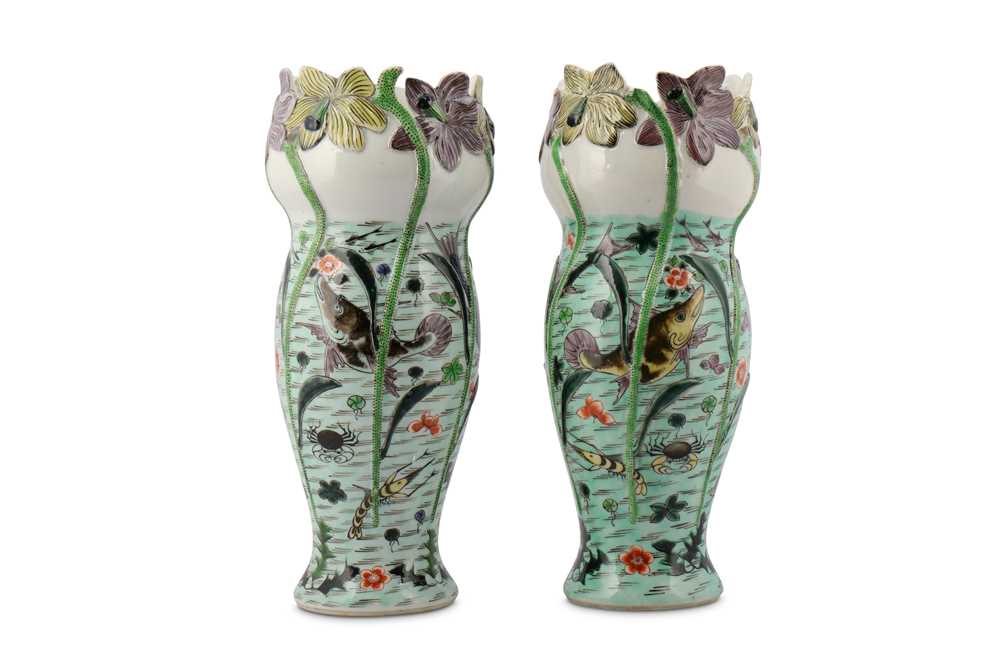 Lot 17 - A PAIR OF CHINESE FAMILLE VERTE 'FISH POND' VASES.