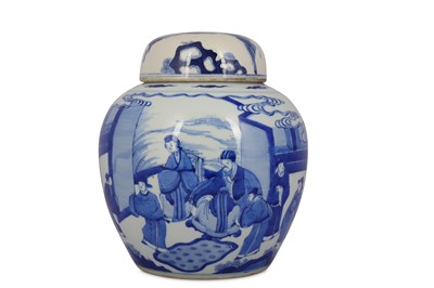Lot 445 - A CHINESE BLUE AND WHITE FIGURATIVE JAR AND COVER.