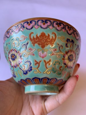 Lot 300 - A CHINESE FAMILLE ROSE TURQUOISE-GROUND BOWL.