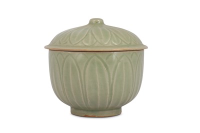 Lot 804 - A CHINESE CELADON-GLAZED 'LOTUS PETAL' JAR AND COVER.