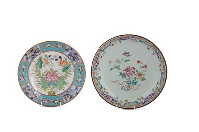 Lot 845 - TWO CHINESE FAMILLE ROSE FLORAL DISHES.