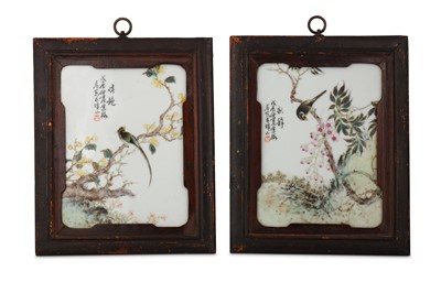 Lot 114 - A PAIR OF CHINESE FAMILLE ROSE 'BIRDS' PANELS.