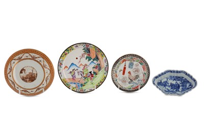 Lot 857 - THREE CHINESE PORCELAIN SAUCERS.