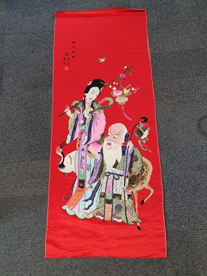 Lot 145 - A PAIR OF CHINESE RED-GROUND 'IMMORTALS' SILK PANELS.