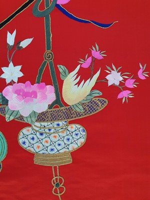Lot 457 - A PAIR OF CHINESE RED-GROUND 'IMMORTALS' SILK PANELS.