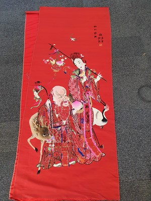 Lot 457 - A PAIR OF CHINESE RED-GROUND 'IMMORTALS' SILK PANELS.