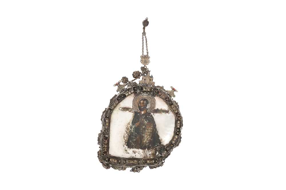 Lot 198 - λ A PAINTED MOTHER-OF-PEARL SHELL ICON OF SAINT ANASTASIUS OF PERSIA
