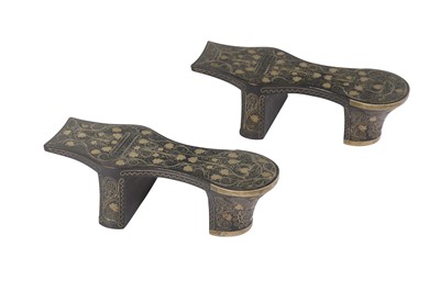 Lot 236 - A PAIR OF OTTOMAN SILVER WIRE-INLAID WOODEN FOOT RESTS