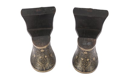 Lot 236 - A PAIR OF OTTOMAN SILVER WIRE-INLAID WOODEN FOOT RESTS