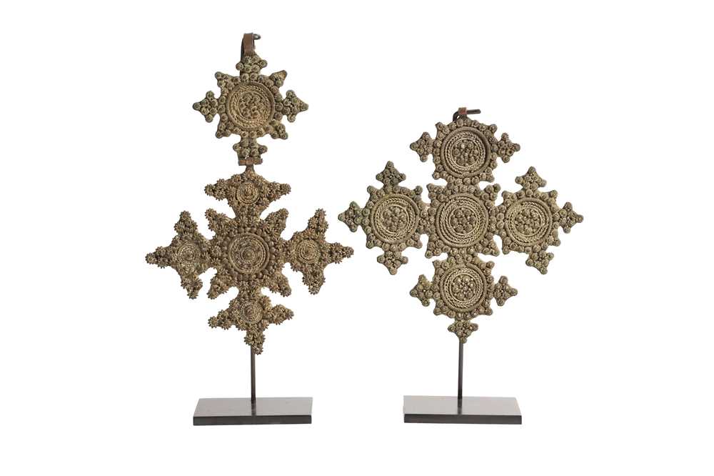 Lot 199 - TWO HIGH TINNED COPPER COPTIC CROSSES PATONCE