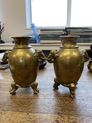 Lot 14 - A PAIR OF CHINESE BRONZE 'ELEPHANT' VASES.