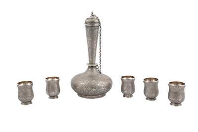 Lot 295 - A SET OF SILVER-PLATED DRINKING CUPS AND BOTTLE