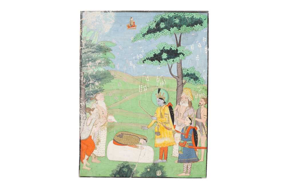 Lot 315 - AN ILLUSTRATION FROM A RAMAYANA SERIES: RAMA FORGIVING SITA AFTER THE FIRE TEST